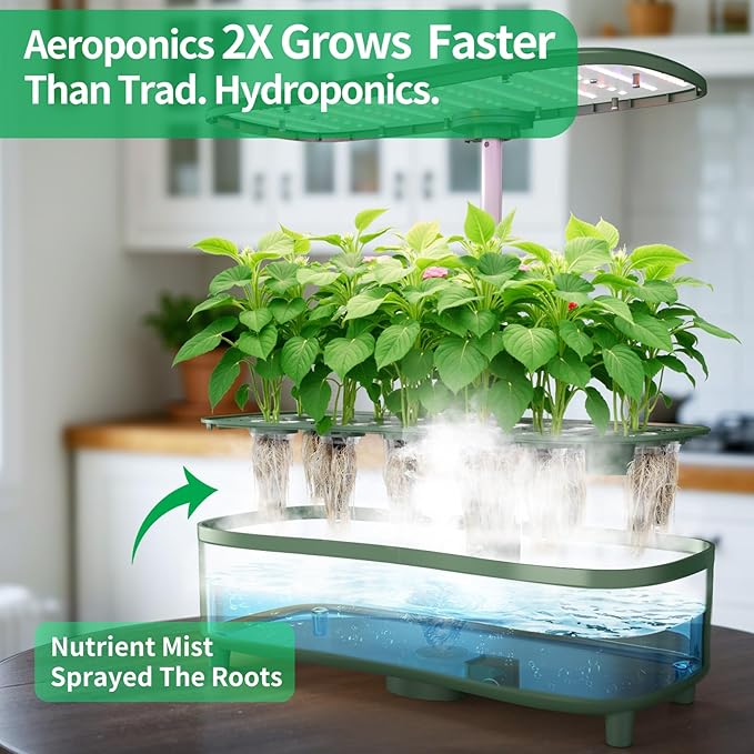 Hydroponics Growing System Kit Indoor Aeroponics Herb Garden Kit 15 Pods 3 Grow Modes 24H Timer Gardening System Quiet Smart Water Pump Hydroponic Planter Summer/Winter Use (Dark Green)
