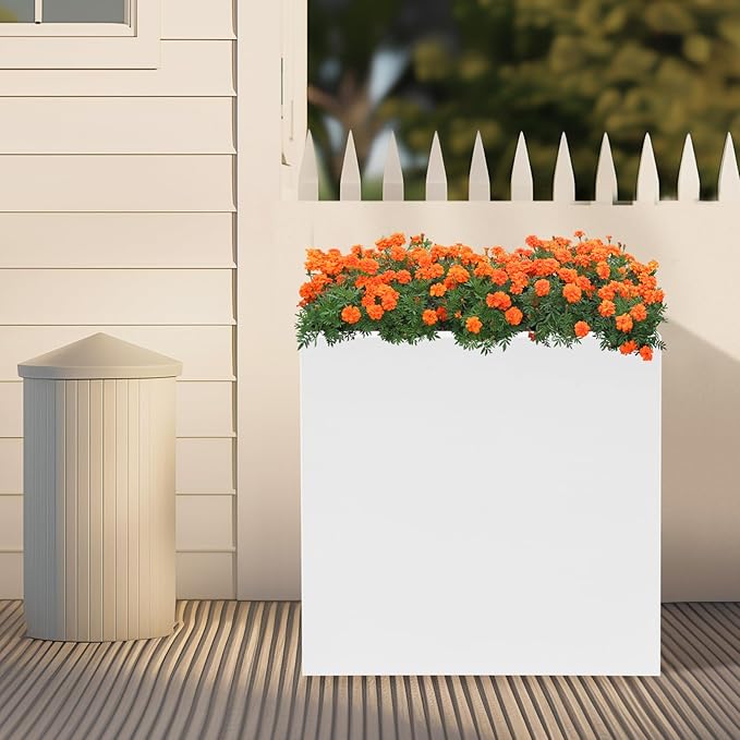Raised Garden Bed 17 * 17 * 18in Steel Square Planter Flower Box for Indoor Outdoor Balconies Gardens Decks Patios Decks Front Porches (White)