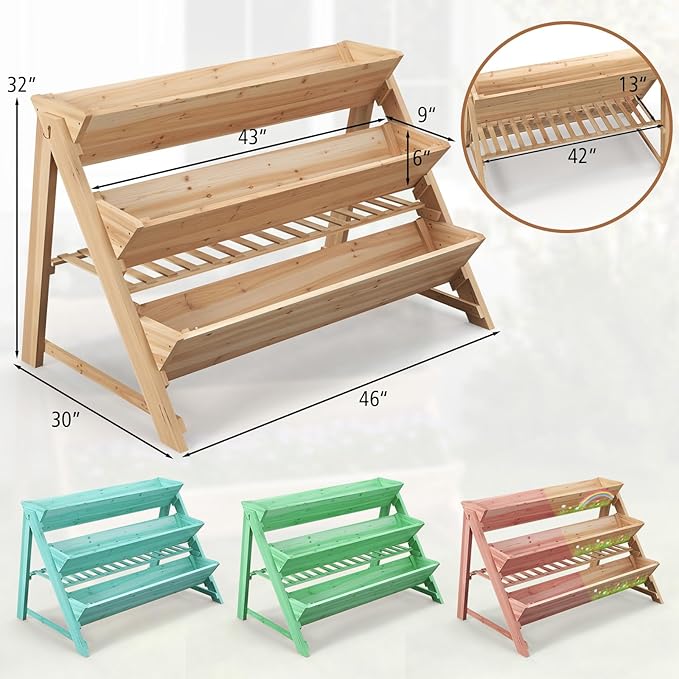 3 Tiers Raised Garden Bed Wooden Garden Bed Elevated Garden Planter with Storage Shelf Bed Liner &amp 2 Hanging Hooks Fir Wood Vertical Planter Bed for Patio Yard Balcony &amp Deck