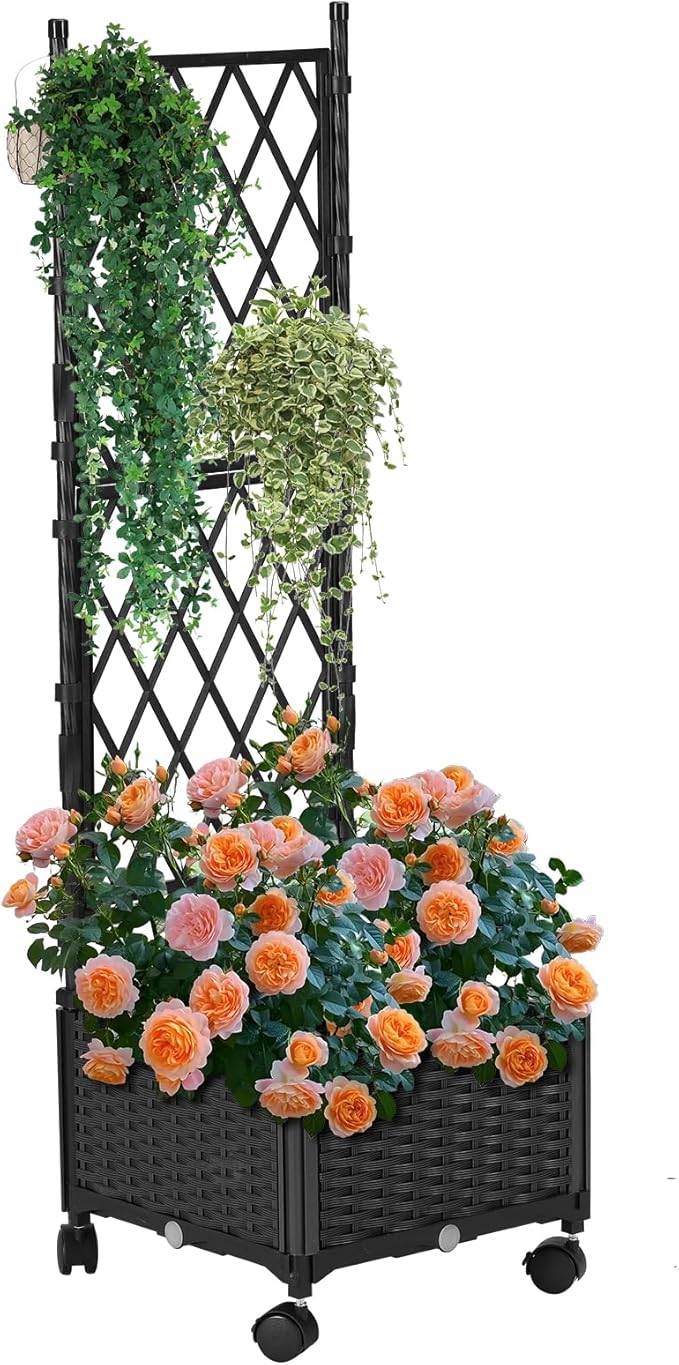 Planter with Trellis Raised Garden Beds Trellis Planter Box Outdoor Self-Watering for Gardening Climbing Vegetables Flowers Balcony Backyard Patio Black1PC