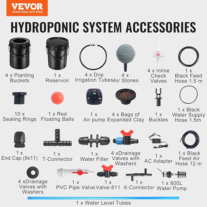 VEVOR RDWC Hydroponics Grow System Hydroponic Growing Kit with Top Drip Recirculating Deep Water Culture 4 Buckles and 1 Reservoir with Air Pump and Water Level Device for Leafy Vegetables
