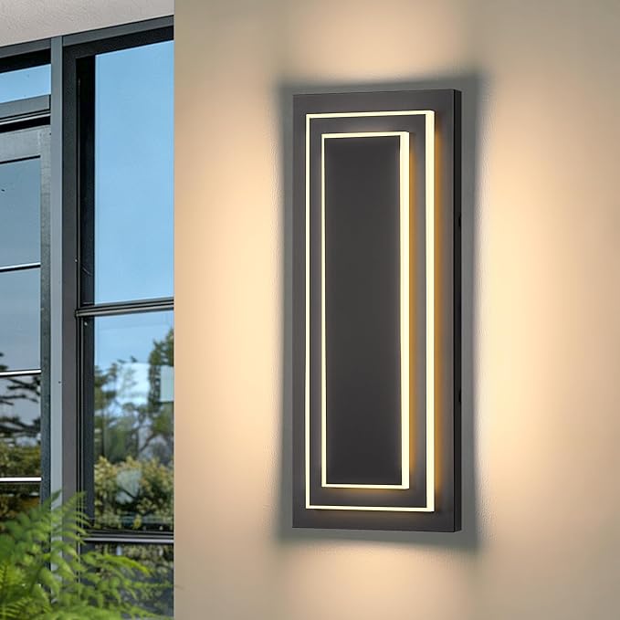 2-Tier Outdoor Front Porch Light FixturesModern Black Outdoor Wall Sconce15.7 in Waterproof Led Exterior Lights Outside Wall Lights for HouseGarage Patio with 24W 3000K Warm White 1 Pack