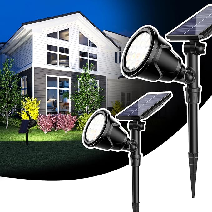 ROSHWEY Solar Spot Lights Outdoor - 600LM Spotlights Waterproof Outside Flood Lighting for Driveway Backyard Patio Garden Landscape Deck Garage (Cool White 2 Pack)