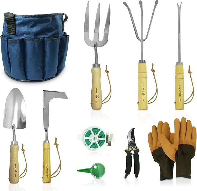 Garden Tools Set – Premium Stainless Steel Gardening Hand Tools with Solid Beechwood Handle – Gardening Kit with Rake Shovel Gloves Shears Tool Organizer – Garden Gifts for Women and Men