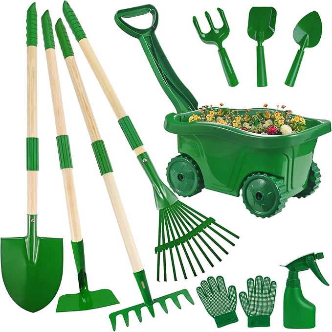 Duckura Kids Gardening Tools Set - 10pcs Wheelbarrow Set for Kids with Shovel Rake Leaf Rake Summer Outdoor Yard Digging Weed Toys Easter Birthday Gifts for Boys Girls Age 2 3+ Years(Green)