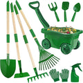 Duckura Kids Gardening Tools Set - 10pcs Wheelbarrow Set for Kids with Shovel Rake Leaf Rake Summer Outdoor Yard Digging Weed Toys Easter Birthday Gifts for Boys Girls Age 2 3+ Years(Green)
