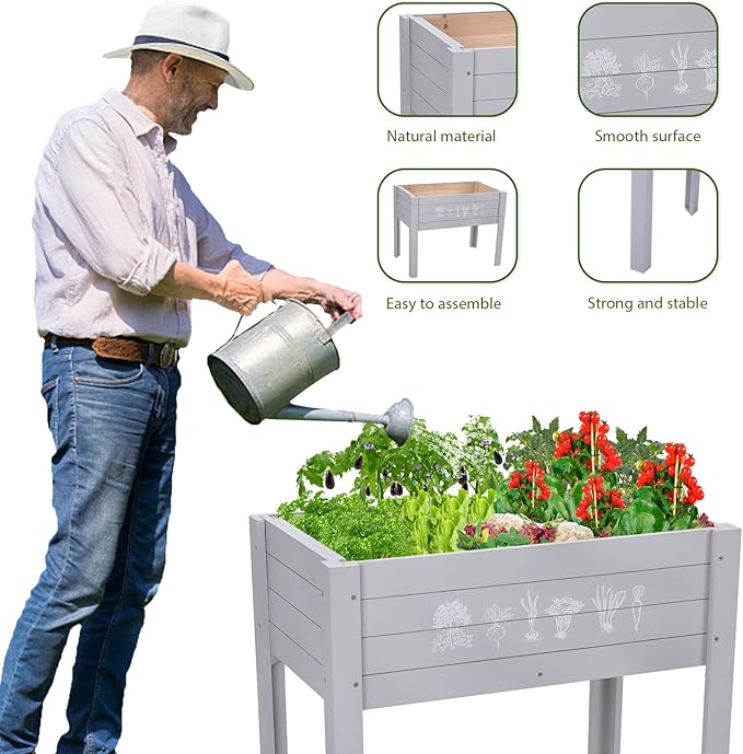 Kids Raised Garden Bed with DIY Chalkboard 30 x 24 x 18 Inch Wooden Elevated Raised Garden Bed for Kids Outdoor Planter Box with Legs for Vegetables Grass Lawn Yard Light Blue