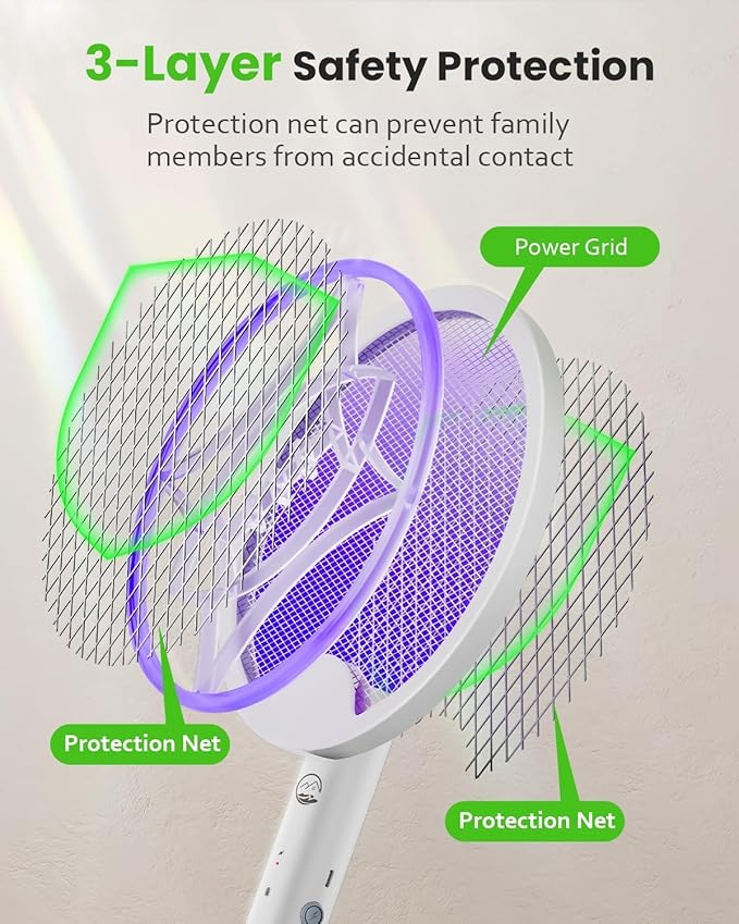 Electric Fly Swatter Racket Foldable 2 in 1 Bug Zapper with Purple Trap Lamp 4000V &amp 1500mAh Powerful Mosquito Trap Killer with Type-C Rechargeable for Indoor Home Patio Camp(White 2 Pack)