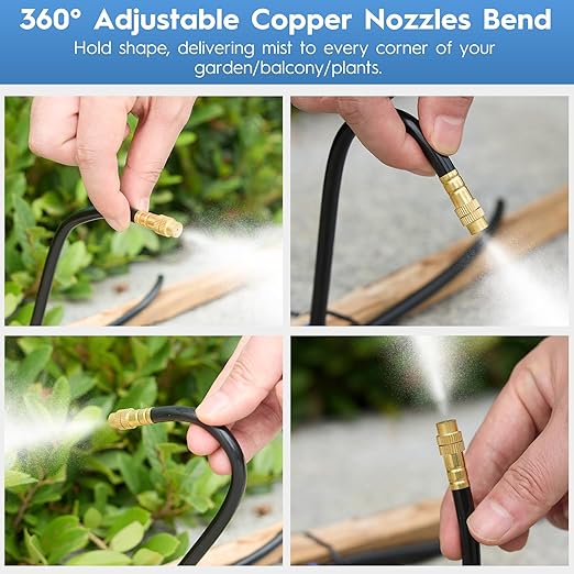 360° Automatic Drip Irrigation Kit - 5/16'' Tubing Adjustable Universal Spray Nozzle Copper Atomizing System for Garden/Lawn/Greenhouse - Multi-Directional Rotation Quick Connectors 82FT
