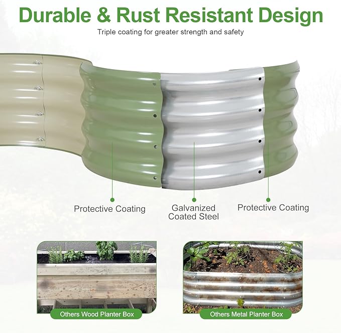 Galvanized Raised Garden Bed- 2Pcs 2x2x1FT Metal Planter Boxes Outdoor | Round Steel Raised Bed Kit &amp Fire Pit Ring for Gardening with Protective Tape Gloves for Vegetables Flower (Green)