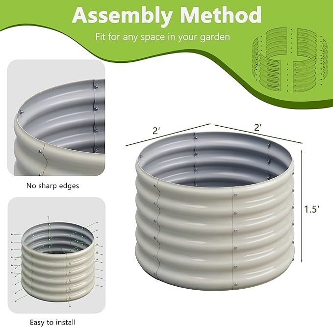 2PCS 2x2x1.5FT Galvanized Raised Garden Bed KitVegetable Boxes-Round Metal Flower BoxLarge Planter Raised Beds Outdoor Garden for PlantingFruitHerb-White