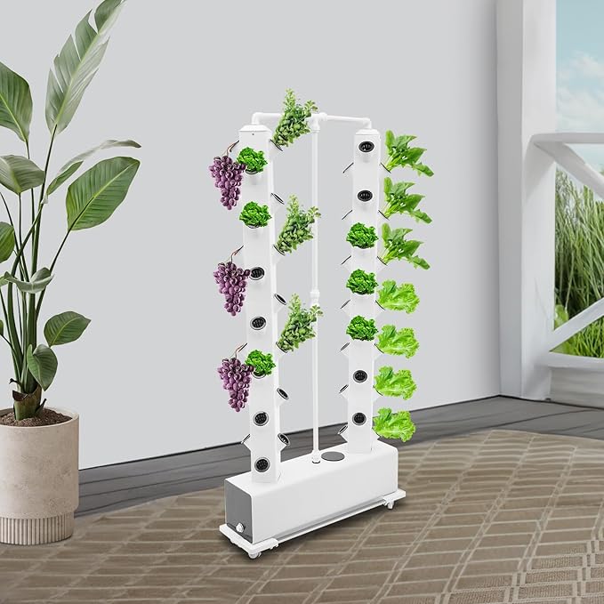 Hydroponics Vertical Growing Kit 56 Planting Holes Germination Kit Indoor Vertical Planter Germination Kit with 30L Water Tank Timer Wheels Automatic Circulation(White 56-Hole)