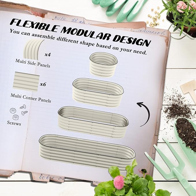 Galvanized Raised Garden Bed Kit Outdoor Metal Plant Box for Flowers Herbs Vegetables Cream