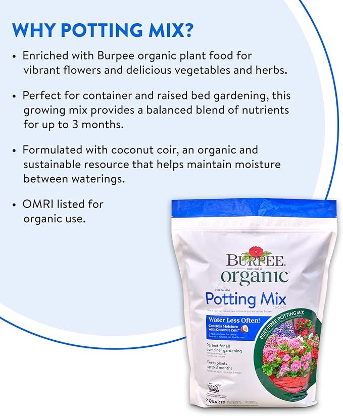 Burpee 9 Quarts | Premium Organic Potting Natural Soil Mix Food Ideal for Container Garden-Vegetable Flower &amp Herb Use for Indoor Outdoor Plant