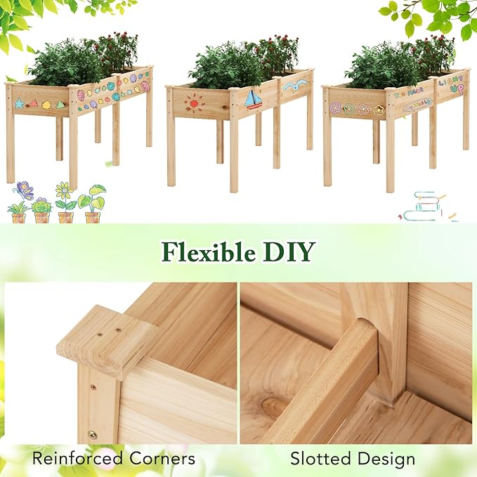 Giantex Raised Garden Bed with Legs 73x23x30 Elevated Wood Planter Box w/Divider Panel Drainage Holes Ideal for Flower Herb Vegetable Raised Garden Beds Outdoor for Gardening Backyard Patio