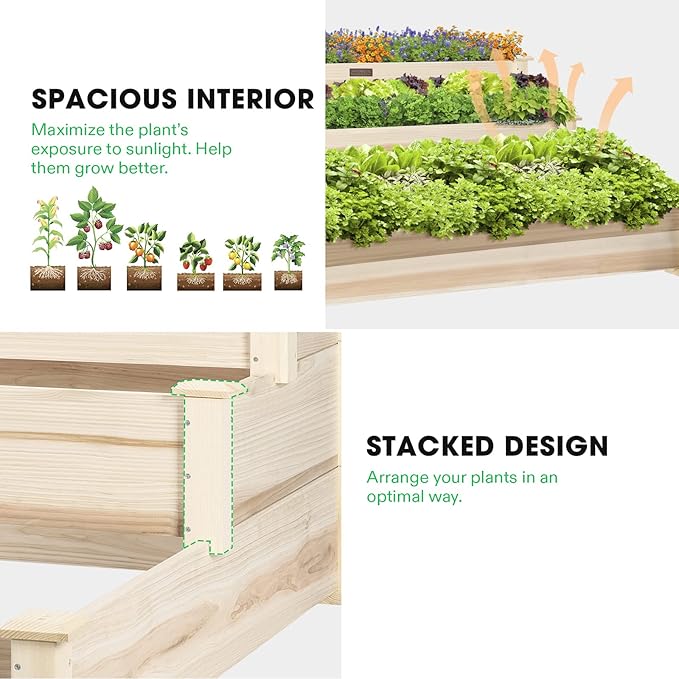 VIVOSUN 3-Tier Wooden Raised Garden Bed 48 x 48 x 21 Inches Outdoor Wood Planter Kit for Plants Herbs and Vegetables for Garden Patio Balcony Backyard and Outdoors