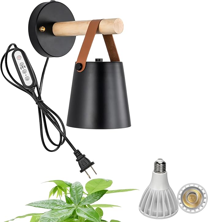 Hook Type Wall Mounted Plant Light for Indoor Growing Full Spectrum White Light 6000K 25W Modern Black Timing Plug in Cord Wall Lamps for Plants Flowers