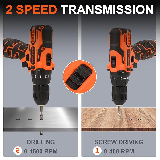 COMOWARE Cordless Drill Set 12V Power Drill with Battery &amp Charger 3/8 Keyless Chuck 23Pcs Driver Bits Orange Storage Bag included