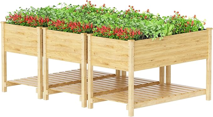 Kullavik 3 pcs Raised Garden Bed with LegsOutdoor Elevated Cedar Wood Planter Box with Storage Shelf for Vegetables/Flowers/Herbs in Balcony/Backyard/Patio220lb Capacity-Natural