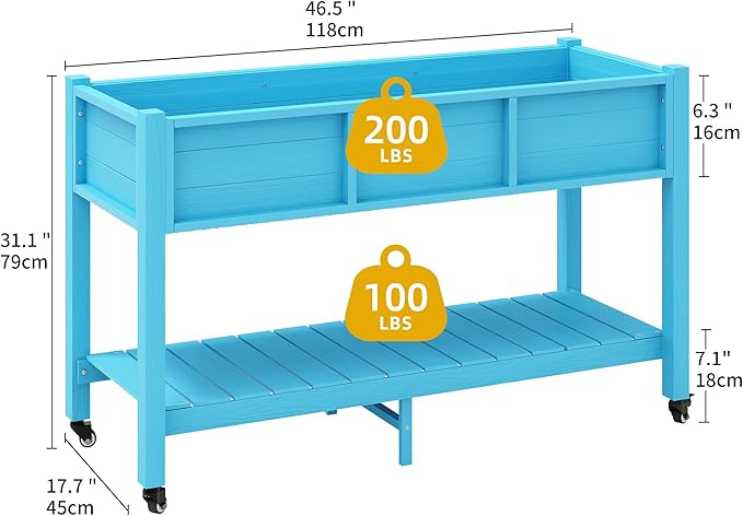 DWVO 47x18x31in Raised Garden Bed HDPE Weather-Resistant Poly Wood Planter Box Stand Planter Box with Legs Storage Shelf &amp Lockable Wheels Elevated Garden Bed for Backyard Patio - Aruba Blue