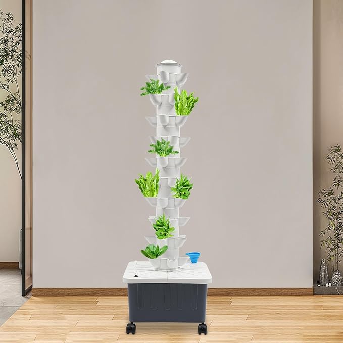 YIYIBYUS Hydroponics Growing Box Kit 50-Plant Vertical Tower with 5.28Gal Capacity Tank and Lockable Wheels for Soilless Planting in Apartments High Rise Buildings Yards Cafes Restaurants