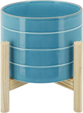 8 Striped Planter W Wood Stand SkyBlue