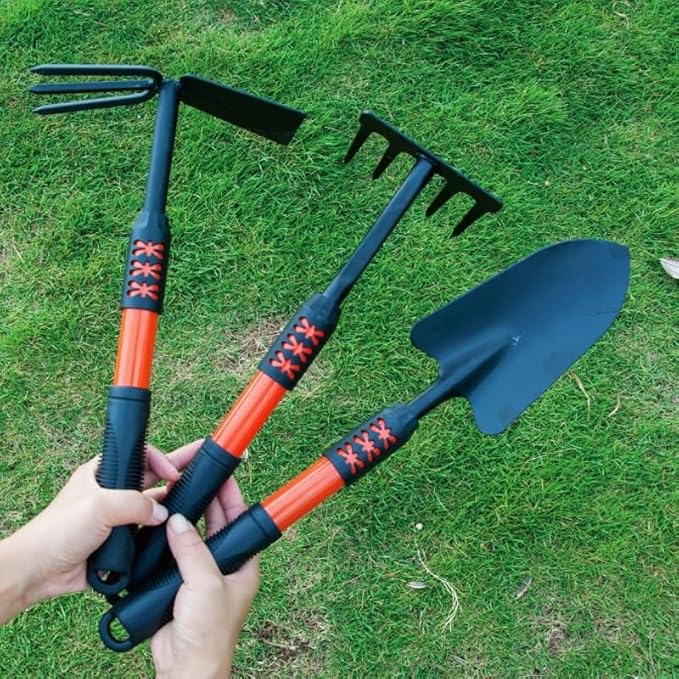 3/4-Piece Heavy-Duty Garden Tool Set – Carbon Steel Hand Trowel Rake Hoe Shovel with Anti-Rust Coating &amp Non-Slip Handle for Gardening and Planting (Black)(Three-pack)