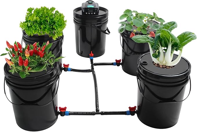 DWC Hydroponics System5.28 Gallon 5 Buckets Deep Water Culture Hydroponic Bucket Kit with Air Pump Recirculating Hydroponic System Grow Kit for Indoor Cultivating Tomatoes Peppers Vegetables Black