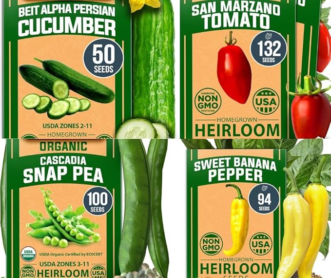 HOME GROWN - Snap Pea Seeds for Planting - Organic Heirloom Cascadia Variety 100 &amp San Marzano Tomato 132 &amp Persian Cucumber 50 &amp Banana Pepper 94