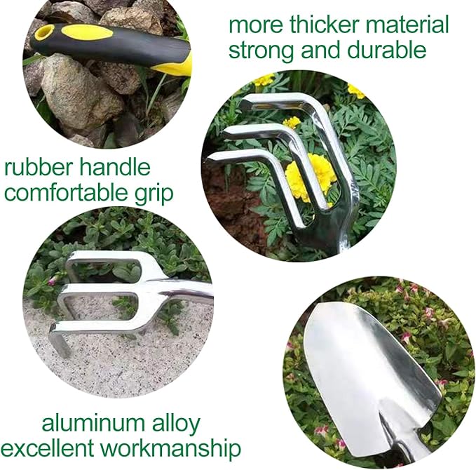 Garden Tool Set 3 Pcs Gardening Tools Including Garden Trowel Transplant Trowel and Hand Cultivator Aluminum Alloy Gardening Supplies with Handle for Gardening Digging Transplanting Yellow