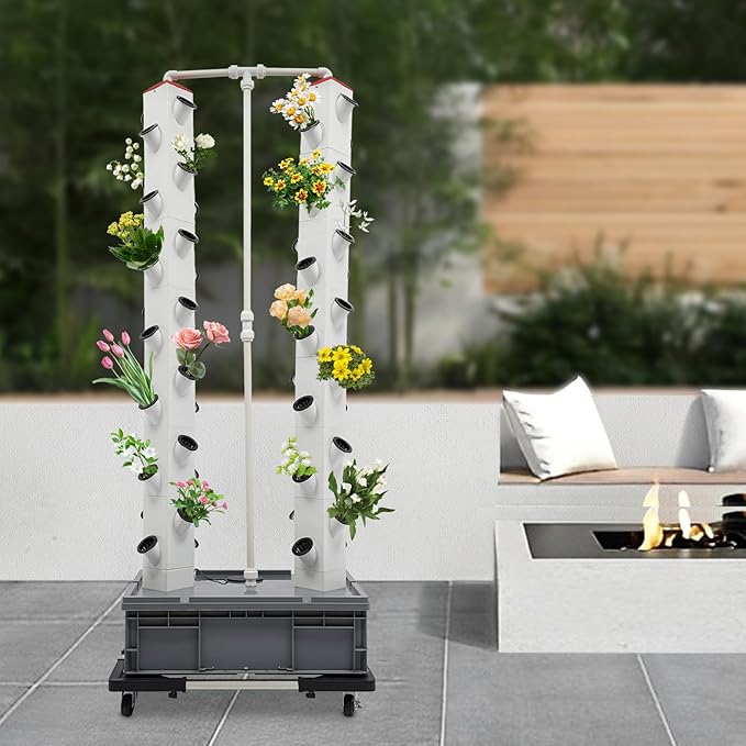 56-Plant Hydroponic Growing Tower with Timer 4-Tier Vertical Garden System with 110V Water Pump &amp Wheels Space-Saving Indoor Grow Shelf for Herb/Vegetable Planter
