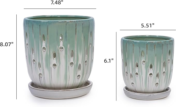 Handmade Green White Gradient Ceramic Planter Set (7.48×5.51 8.07×6.1) Indoor Outdoor Flower Pots for Orchids Succulents by Window Breathable Holes Lightweight