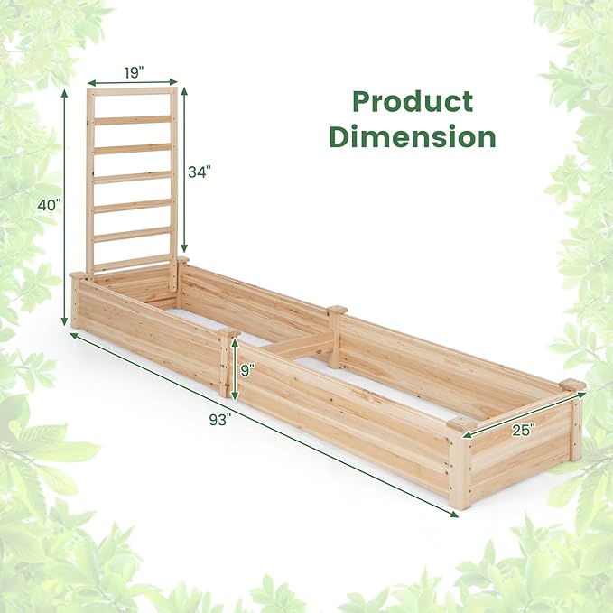 Giantex Raised Garden Bed with Trellis 93 L x 25 W x 40 H Wood Planter Box for Vegetables Flowers Herbs Fruits Climbing Plants Cucumber Easy Assembly Outdoor Rectangular Floor Gardening Beds