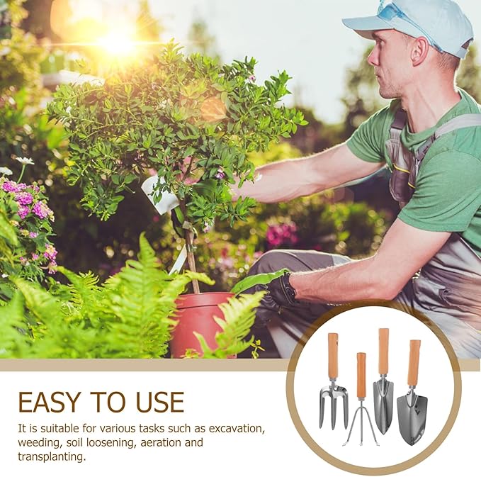 Garden Tools Set with Wood Handles 4pcs Small Gardening Hand Tools Including Wide Shovel Pointed Shovel 3-Tine Rake and 3-Tine Hoe for Vegetable Planting and Lawn Care
