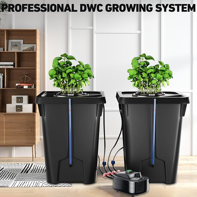 2 Buckets DWC Hydroponics Grow System with Top Drip Kit 7 Gallon Deep Water Culture with Air Pump Air Stone Air Hose Recirculating Drip Garden System