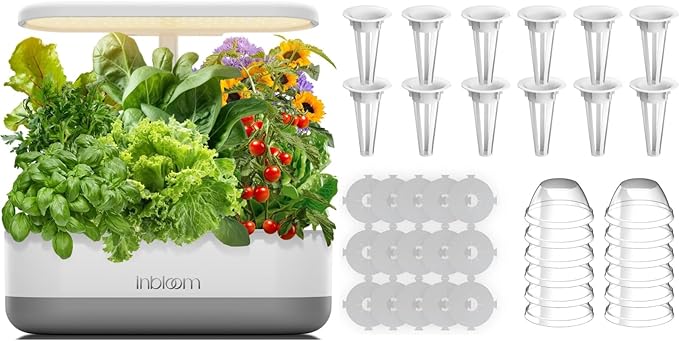 inbloom 12 Pods White Hydroponics Growing System and 20 Pcs Grow Baskets 20 Pcs Grow Domes 48 Pcs Grow Labels