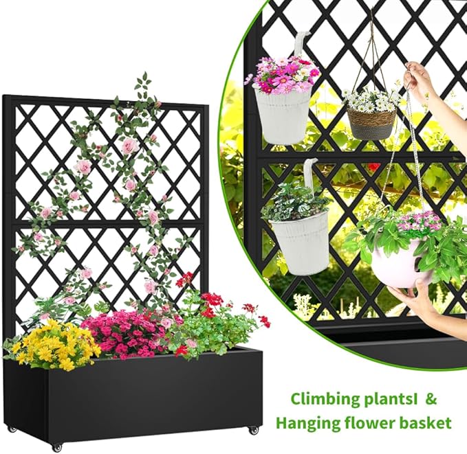 Metal Planter Box with Privacy Screen TrellisGalvanized Raised Garden Bed On Wheels for Climbing Plants Vines Standing Garden Flower Bed with Drainage Holes (Black 35 L x16 W x 55 H)