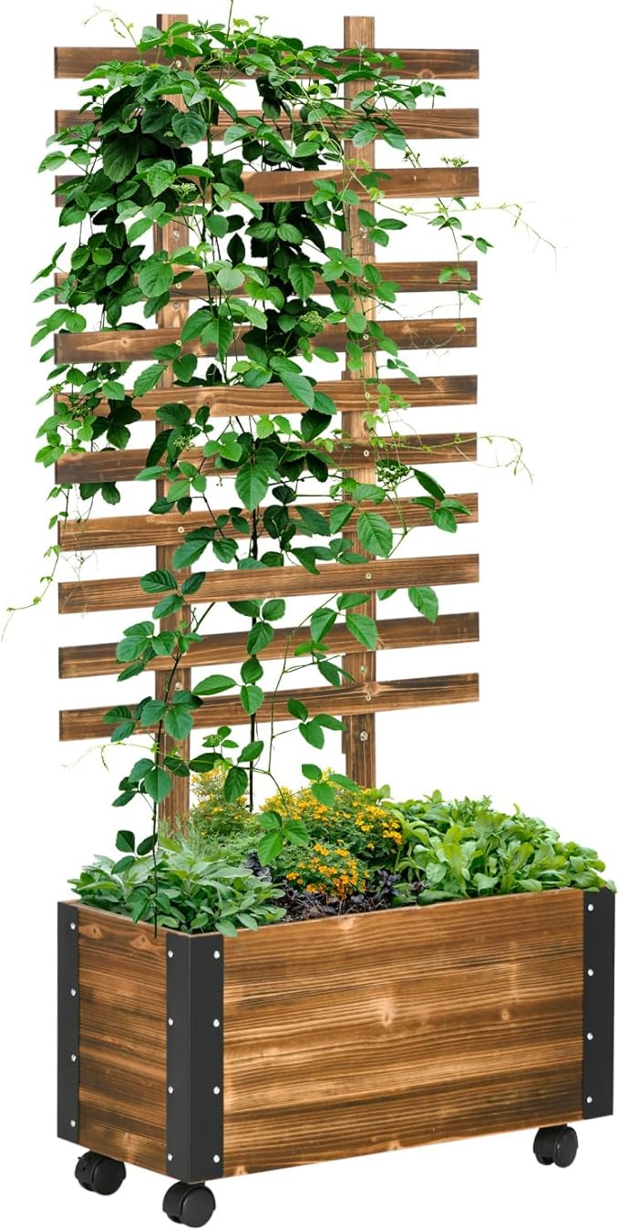 Raised Garden Bed with Trellis 58 Outdoor Wooden Planter Box with Wheels for Vine Plants Flowers Climbing and Planting Brown