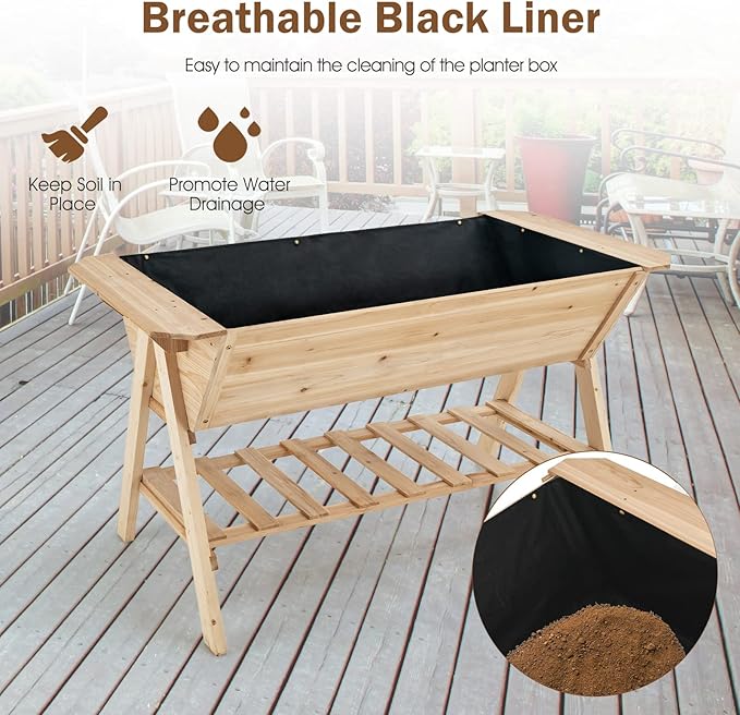 Giantex Raised Garden Bed Wood Planter Raised Bed with Storage Shelf Outdoor Plant Box Black Liner Drainage Hole Elevated Freestanding Garden Box for Patio Backyard Balcony 59x31x32.5