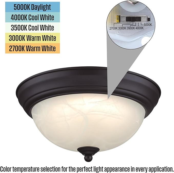 Westinghouse Lighting 6137200 Dubrow Traditional One-Light 11 Inch 14 Watt LED Indoor Flush Mount Fixture with Color Temperature Selection Black-Bronze Finish White Alabaster Glass Shade