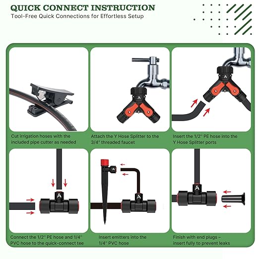 A ANLEOLIFE 230FT Drip Irrigation System Kit Complete Garden Watering System with 1/2” &amp 1/4” Quick-Connect Tubing 32 Adjustable Emitters for Raised Beds Lawn Greenhouse Potted Plants