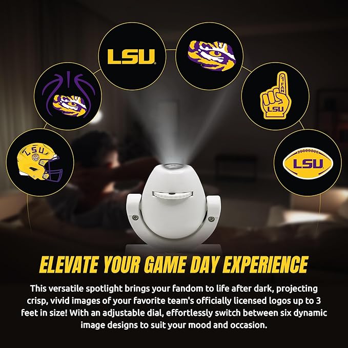 Sporticulture NCAA American Football LSU - Adjustable Led Mini Spotlight Projector with 6 Team Logo Designs - Portable &amp Rechargeable Spotlight - Battery-Operated - 4.375” x 3.125”