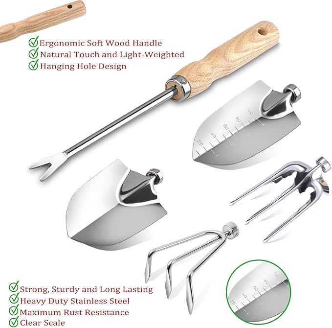 Garden Tool Set Beswill 12 Pieces Heavy Duty Gardening Hand Tools with Garden Tools Organizer Handbag Apron Rust-Proof Stainless Steel Gardening Kit Wood Handle Ideal Garden Gifts for Women Men