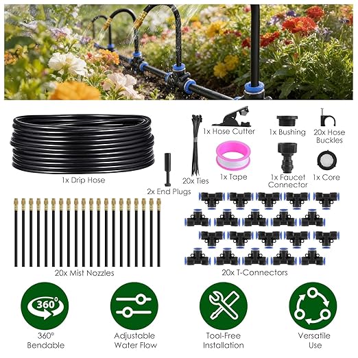 360° Bendable Drip Irrigation System 49FT 5/8 Tubing Hose with 20 Adjustable Misting Nozzles Complete Kit with Faucet Connector for Garden Greenhouse Yard Lawn – Easy Automatic Watering