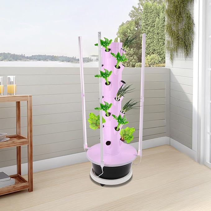 Indoor Hydroponic Grow Tower with LED Lights 7-Tier 28-Hole Vertical Garden System 8-Gal Self-Watering Tank &amp Timer for Herbs Lettuce Strawberries Space Saving Indoor Gardening for Home Bal