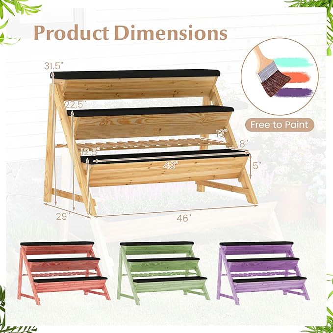 3-Tier Raised Garden Bed Vertical Garden Planter w/Storage Shelf Bed Liner &amp 2 Side Hooks Wood Elevated Planter Box Outdoor for Plants Vegetables Flowers HerbsNatural (46 x 29 x 31.5)