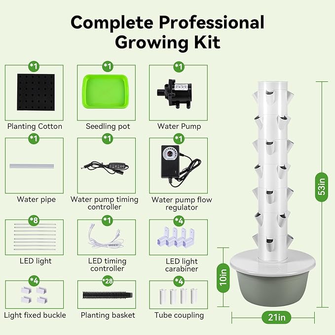 BAOSHISHAN Hydroponics Growing Tower 7-Layer 28pod Hydroponic Tower with Foldable LED Light Space-Saving Indoor Vertical Hydroponics Growing System for Vegetable Herb Fruit