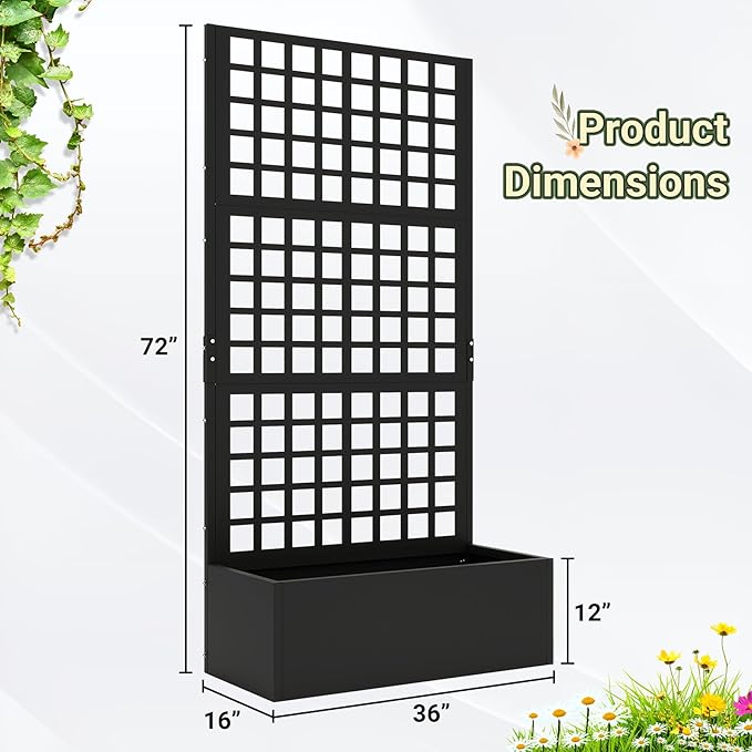 Metal Planter with Trellis 72 x 36’’ x 16 Raised Garden Bed with Trellis Planter Box with Privacy Screen for Climbing Plants Flowers Vegetables Fruits