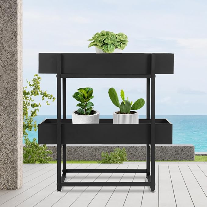 2 Tier Standing Planter Box 29 Inch Outdoor/Indoor Metal Planter Box Elevated Garden Box Raised Garden Bed for Vegetable Flower Herb Fruit