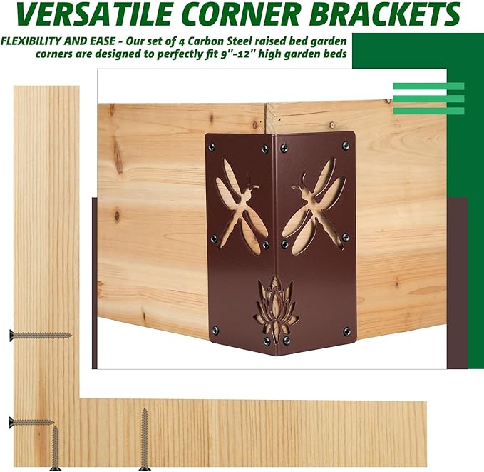 Duraaamo Set of 4 Raised Bed Garden Corner Brackets with Screws 8'' Dragonfly Garden Flower Raised Bed Corners 90 Degree Right Angle Heavy Duty Brace for DIY Flower or Vegetable Garden Brown